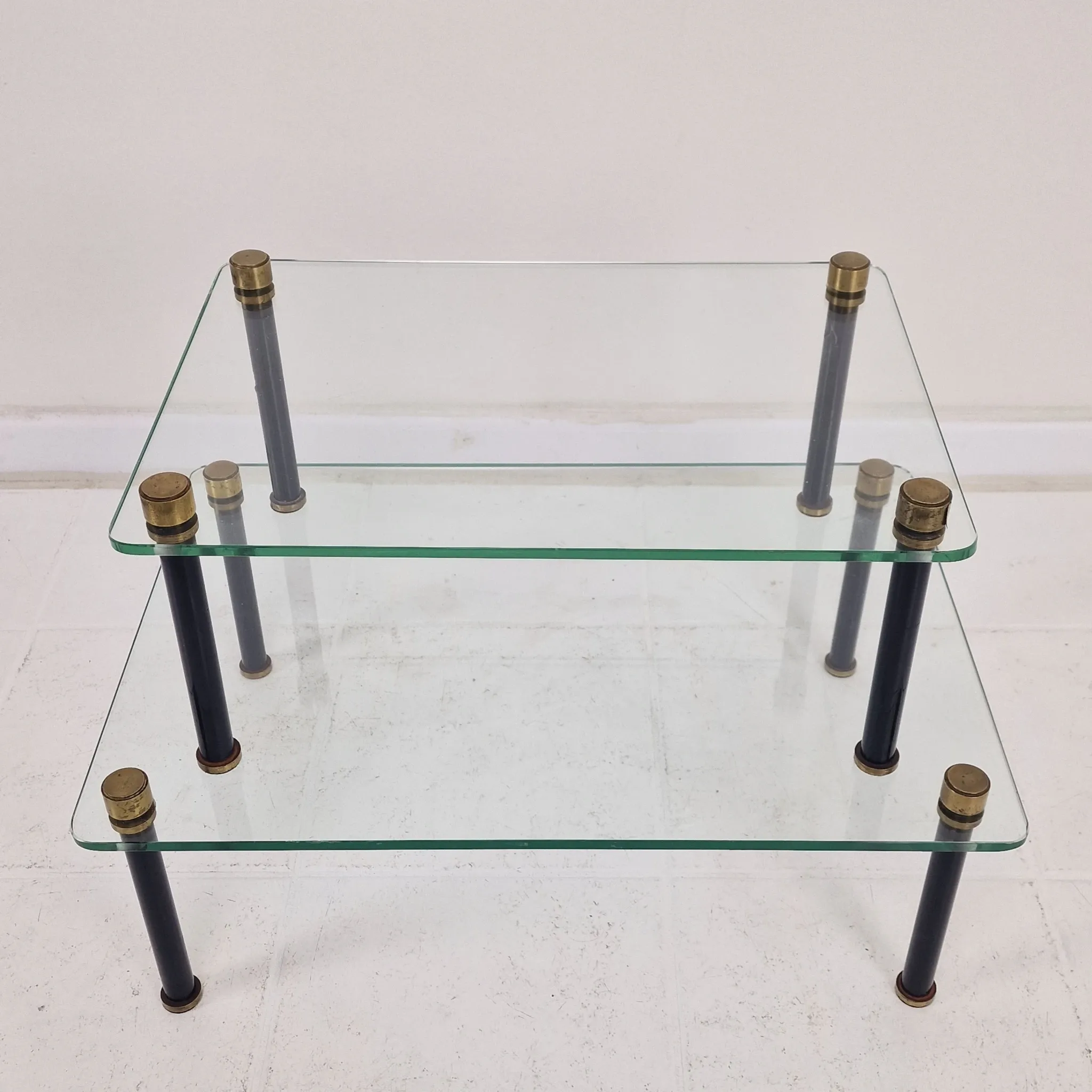 French Modernist Glass and Brass Display Tables with 'P. Andrieux', 1930's