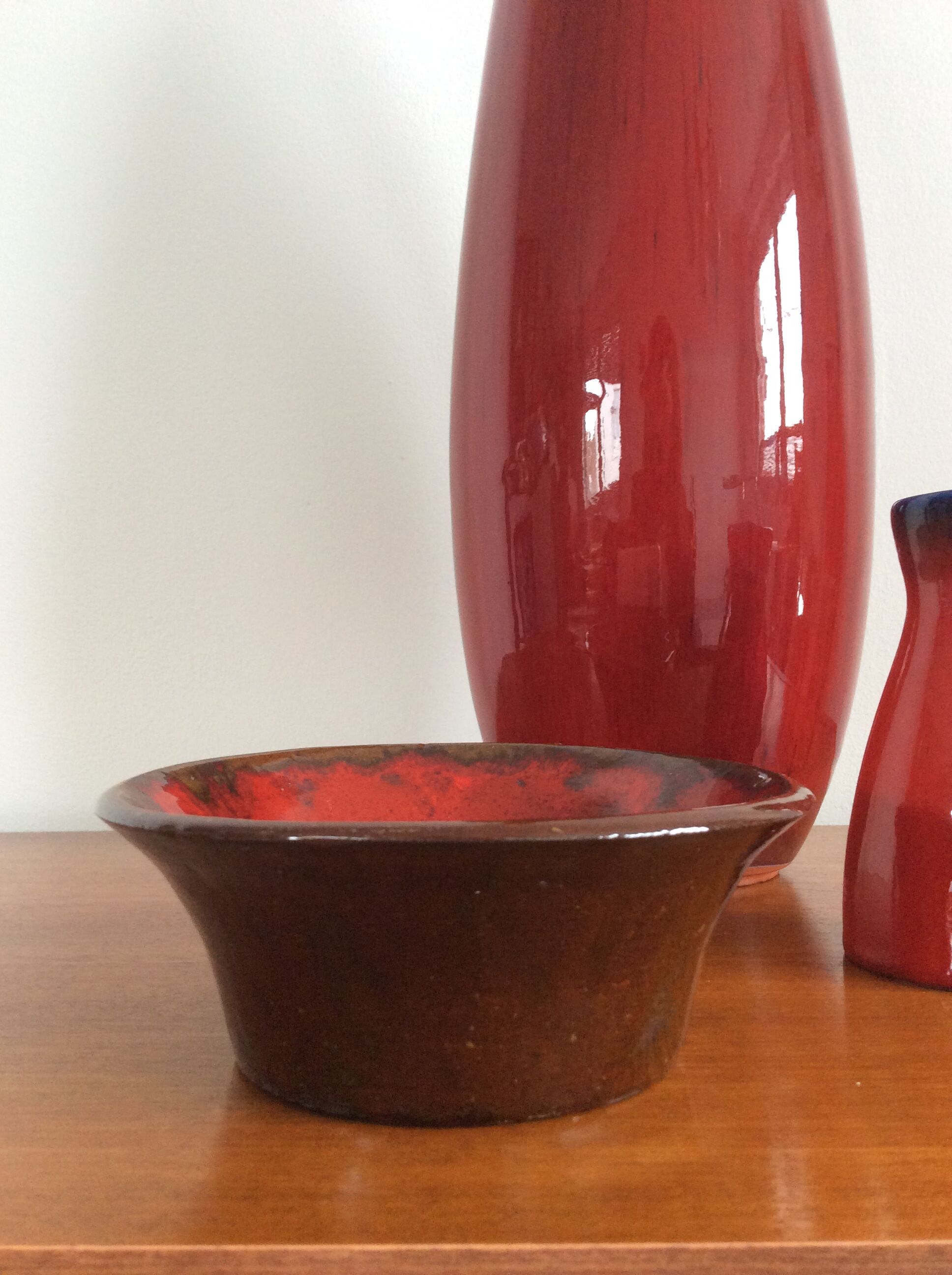 Série de 3 vases céramique rouge vintage des années 60-70