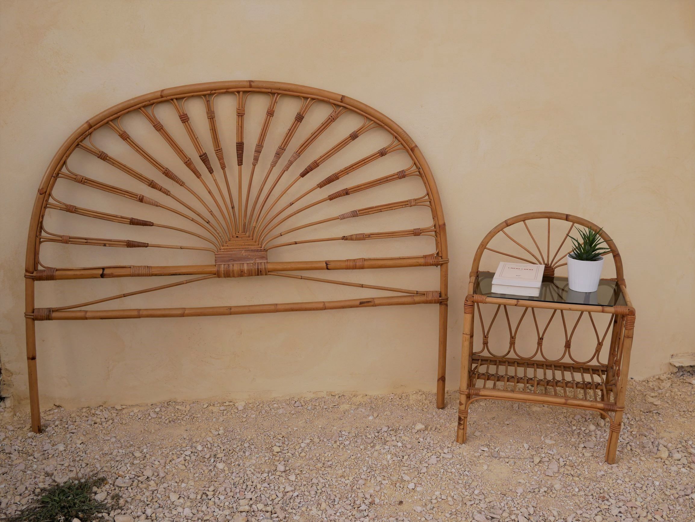 Rattan headboard and bedside table