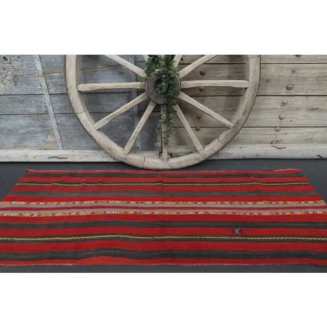 Vintage Turkish Oushak Handmade Wool Cotton Black Red Runner Rug 70x200