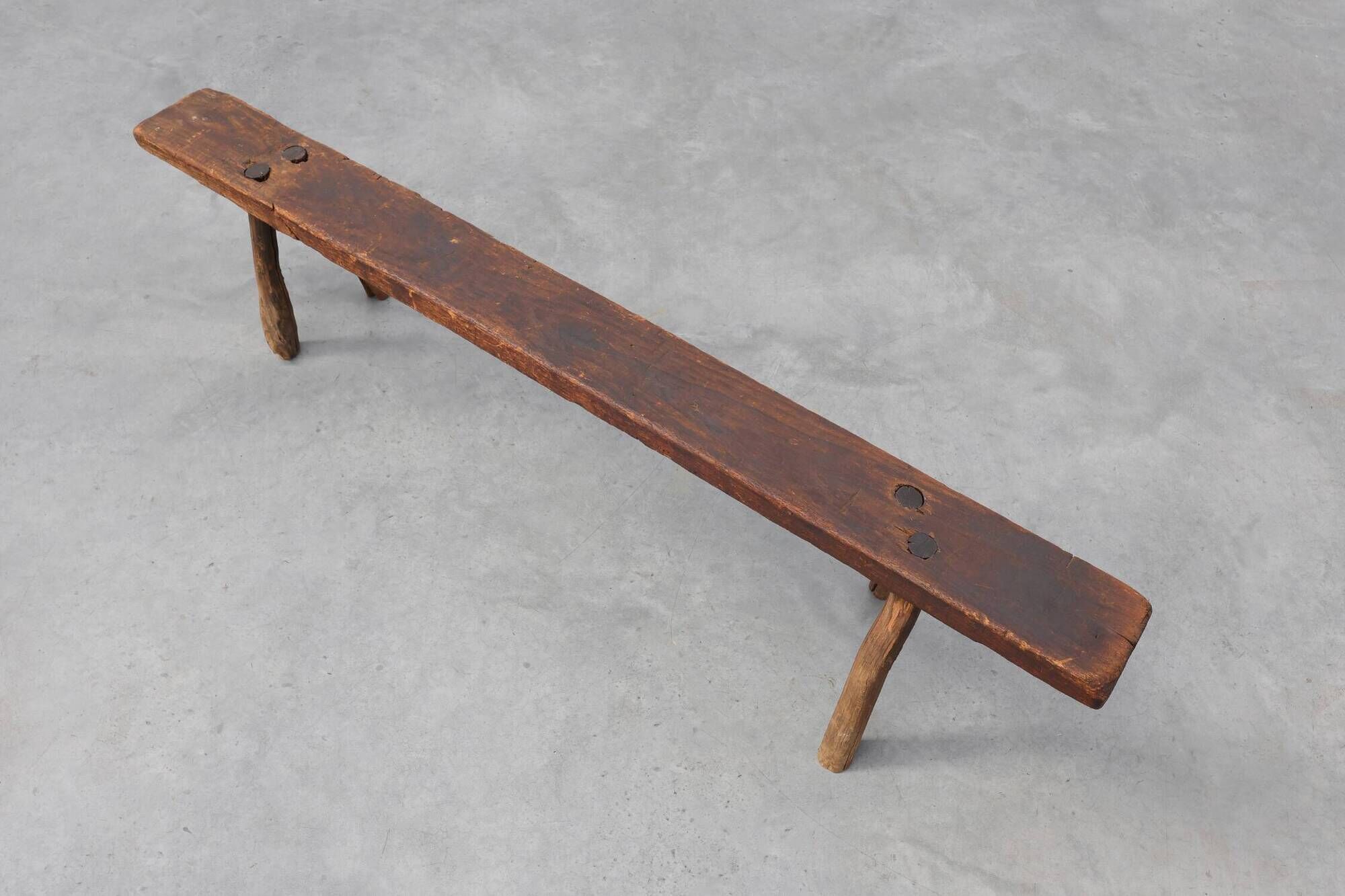 French Primitive Farmhouse Bench with Splayed Legs, 19th Century