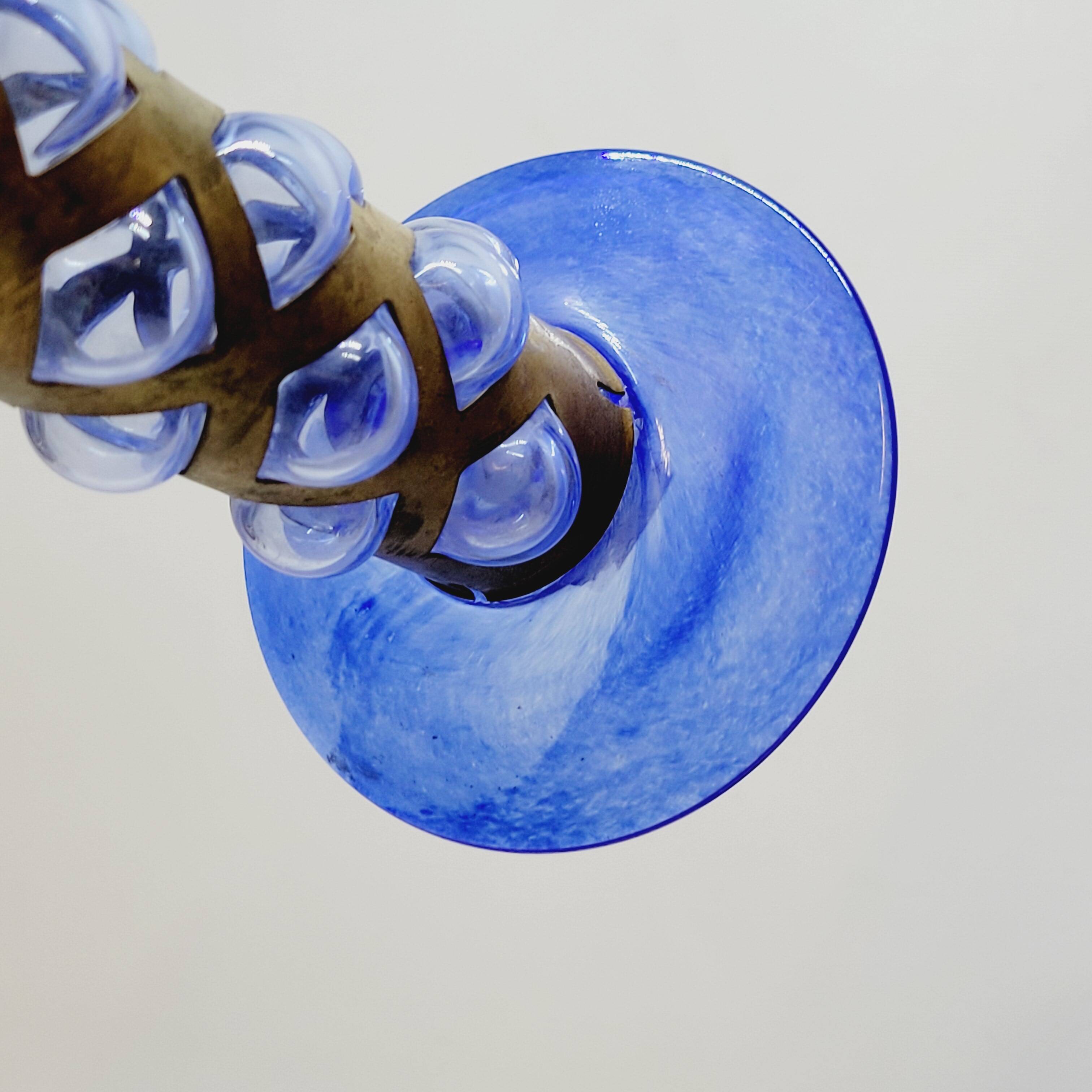 Pair Of Blue Glass Tealight Holders Blown In Cage Dlg Felipe Derflingher