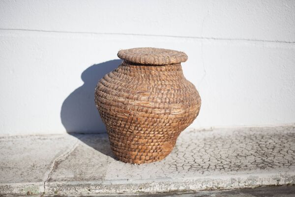 Panier ancien, bourgne paille et ronce, panier tressé avec couvercle, décoration intérieur, garde-ma