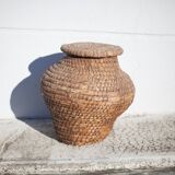 Panier ancien, bourgne paille et ronce, panier tressé avec couvercle, décoration intérieur, garde-ma