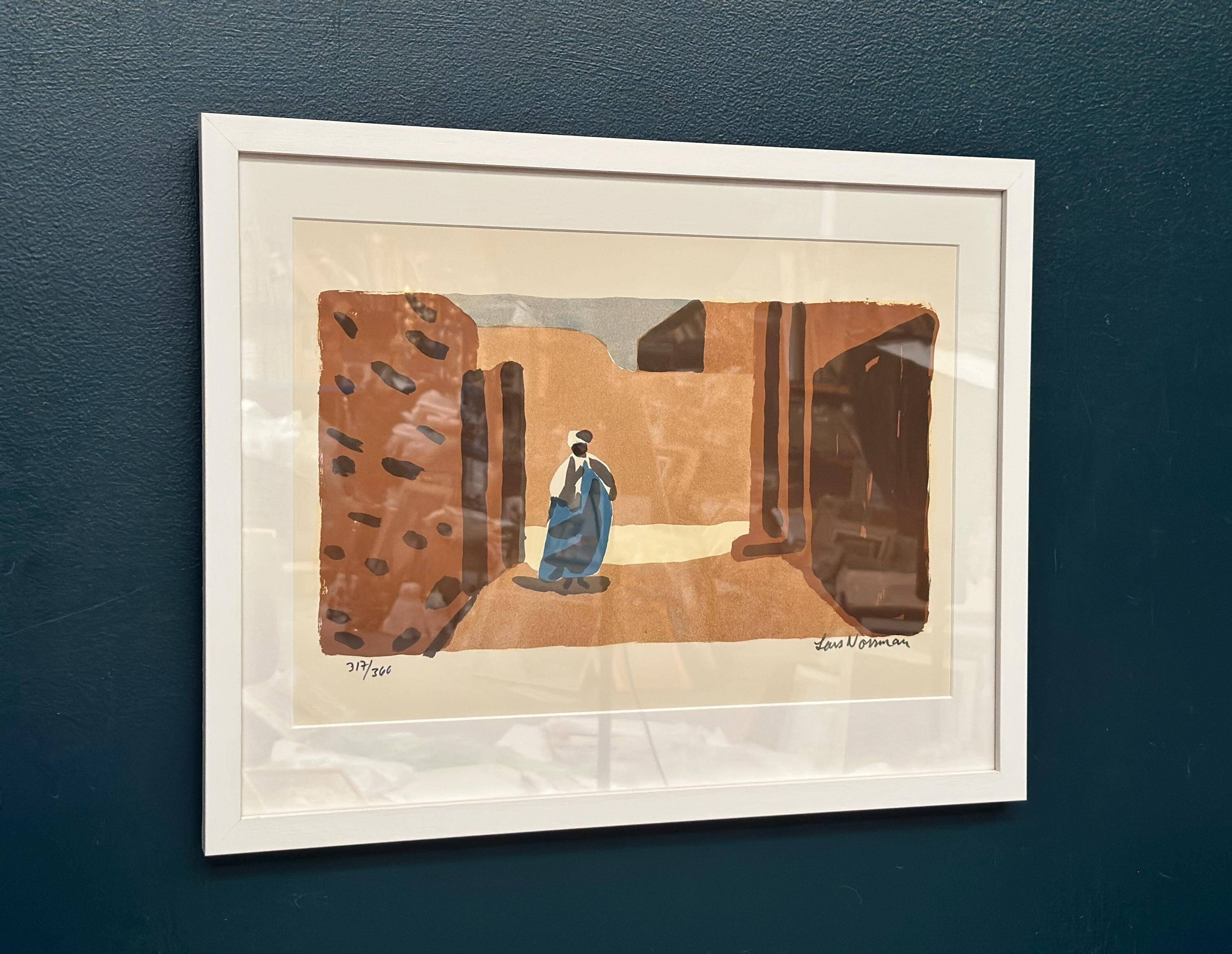 Original Swedish Color Lithograph – “Figure in a Sunlit Desert” by Lars Norrman