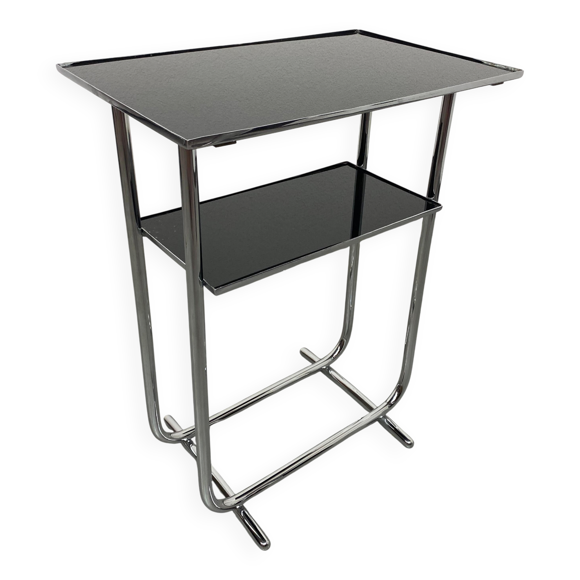 Bauhaus side table with a black glass top