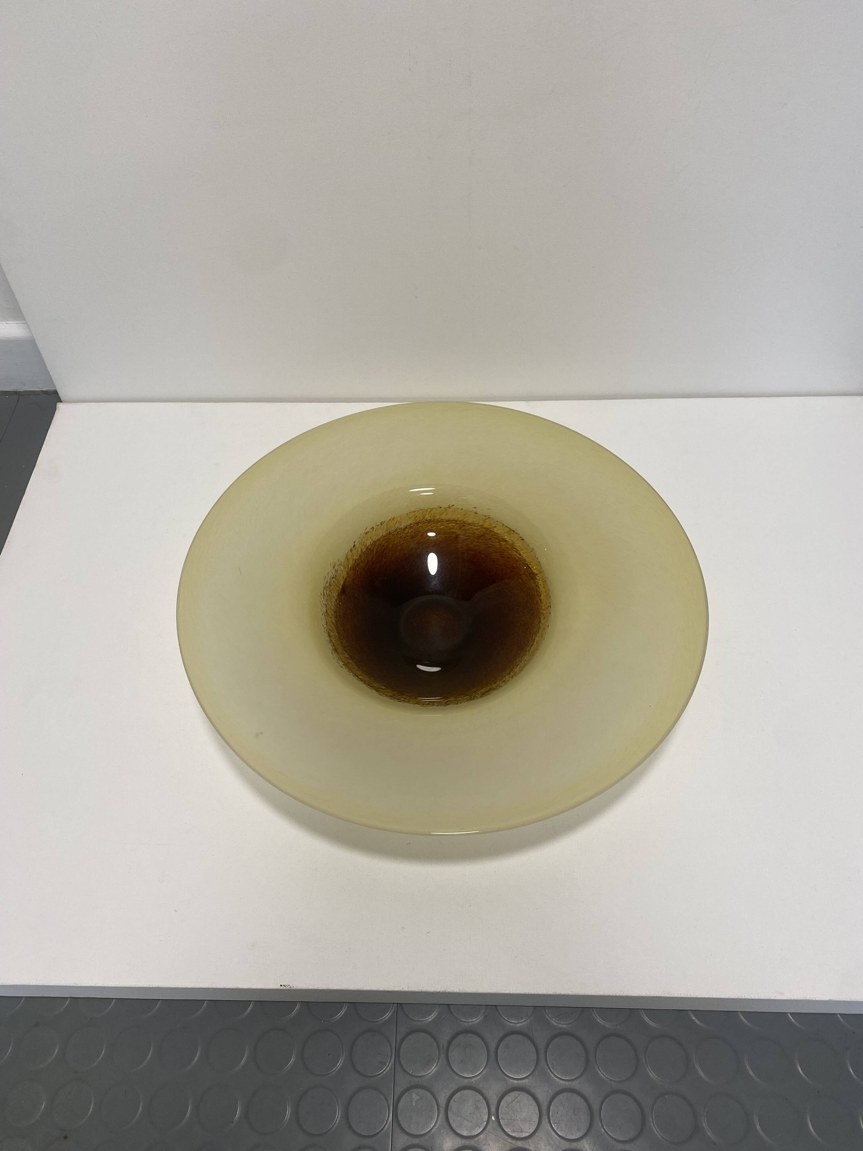 XL Murano Glass Round Fruit Bowl Table Plate Yellow Brown Italian Vintage