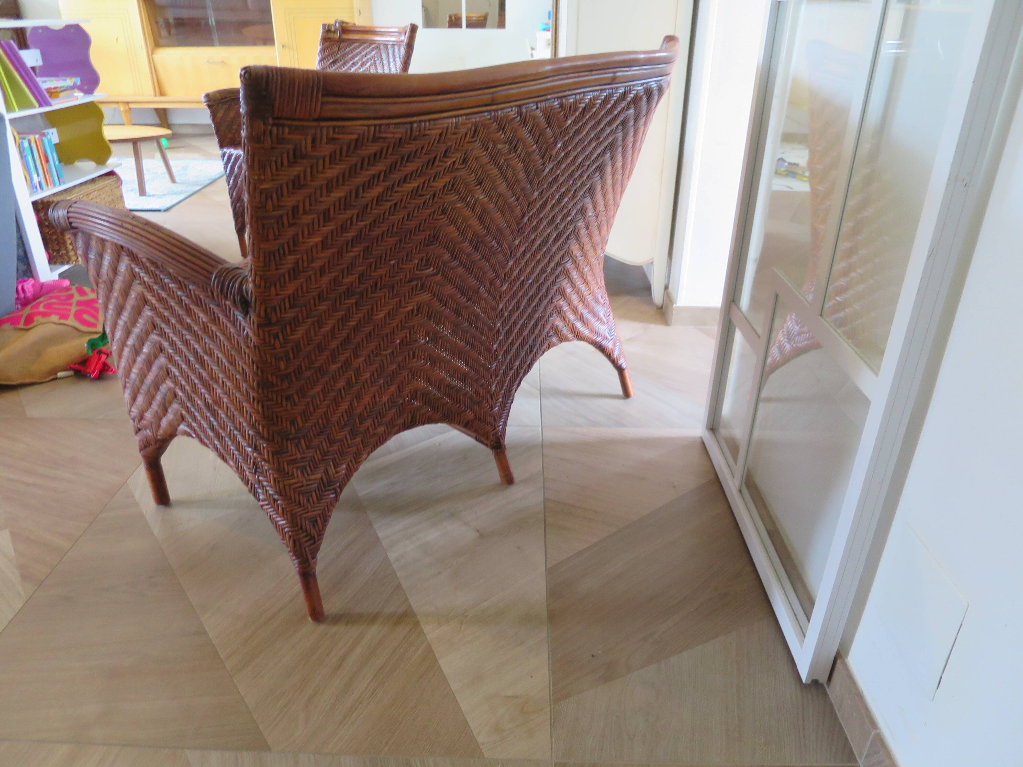 Two-seater banquette in woven rattan, wood and bamboo, 1980s.