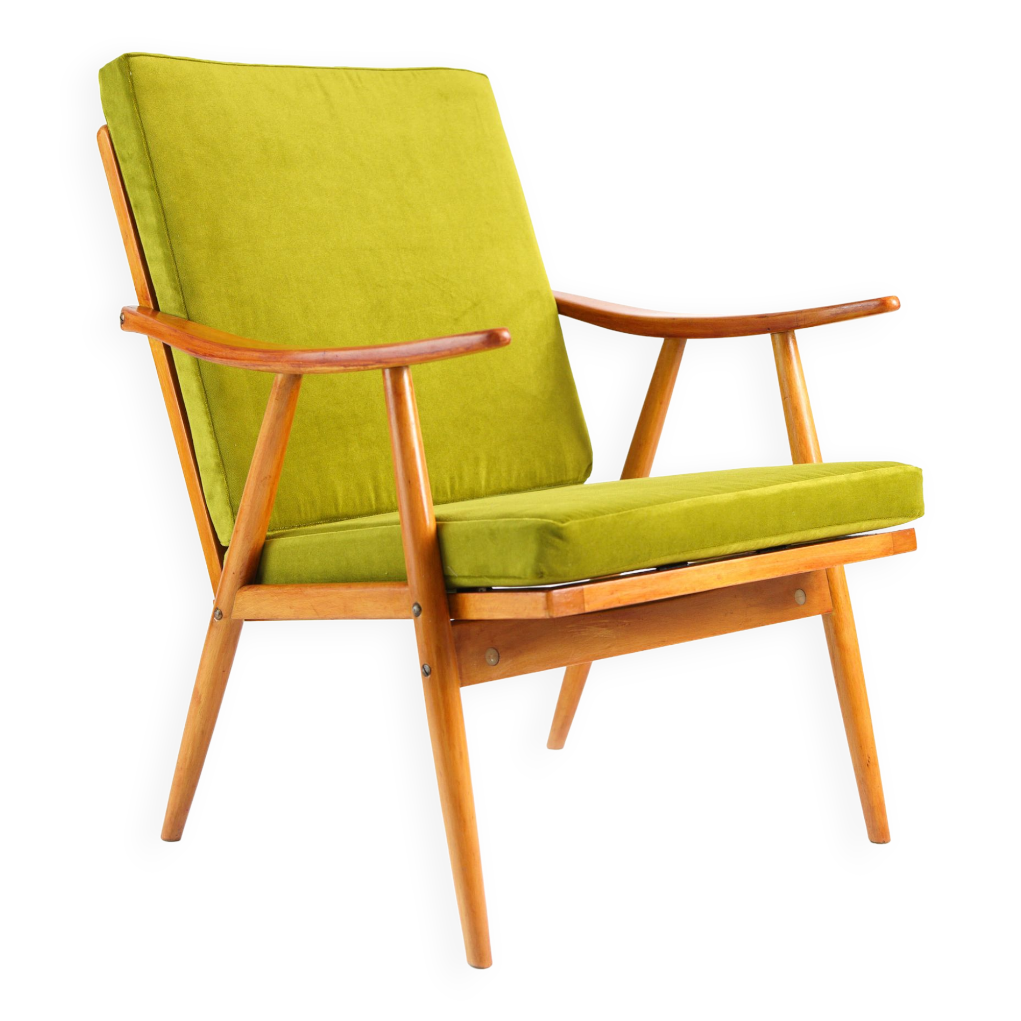 Green vintage armchair, Cal velvet fabric, solid wood 60s / 70s