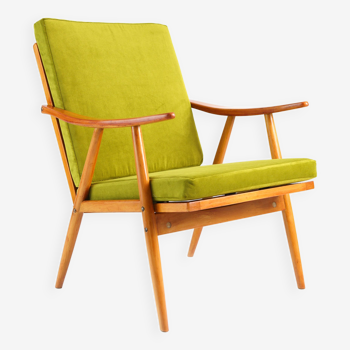 Fauteuil vintage vert, tissu velours Casal, bois massif années 60 / 70