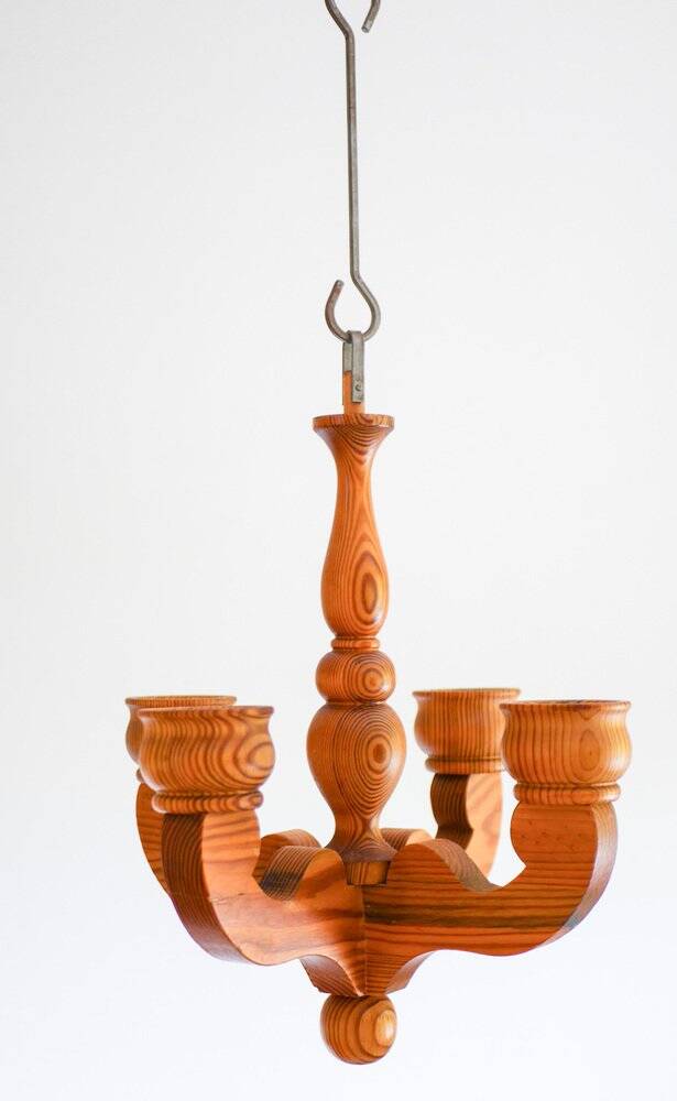 Rustic wooden pendant chandelier candleholder from Smålandsslöjd, Sweden, 1975