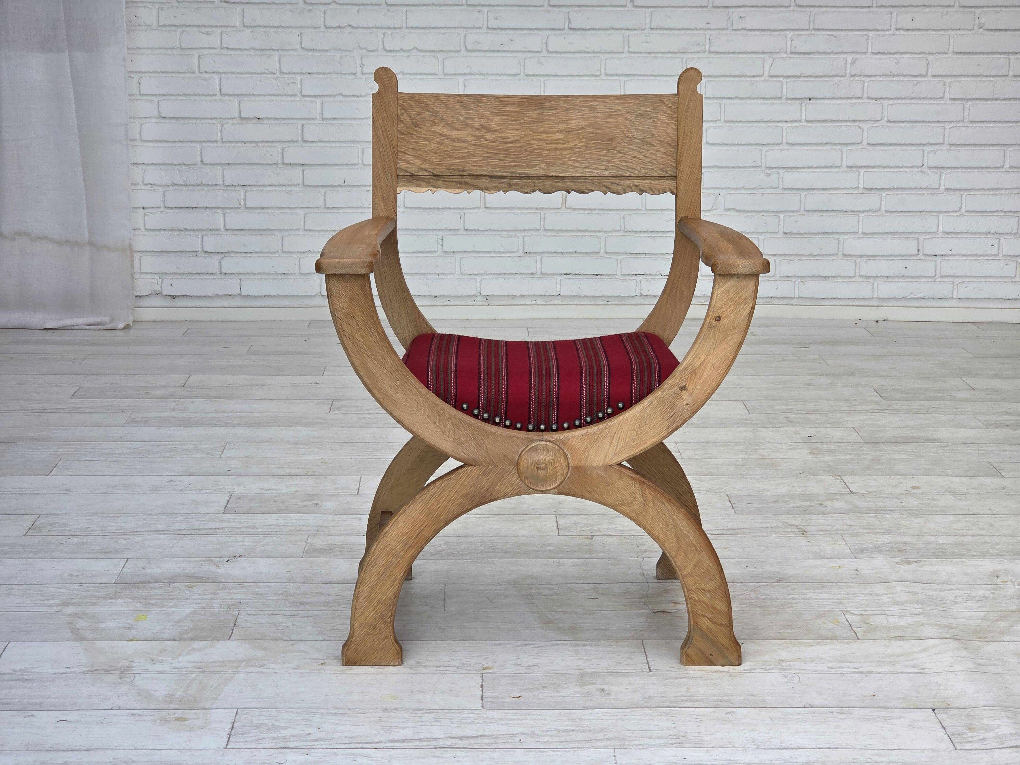 1970s, Danish armchair, original red furniture wool, solid oak wood.