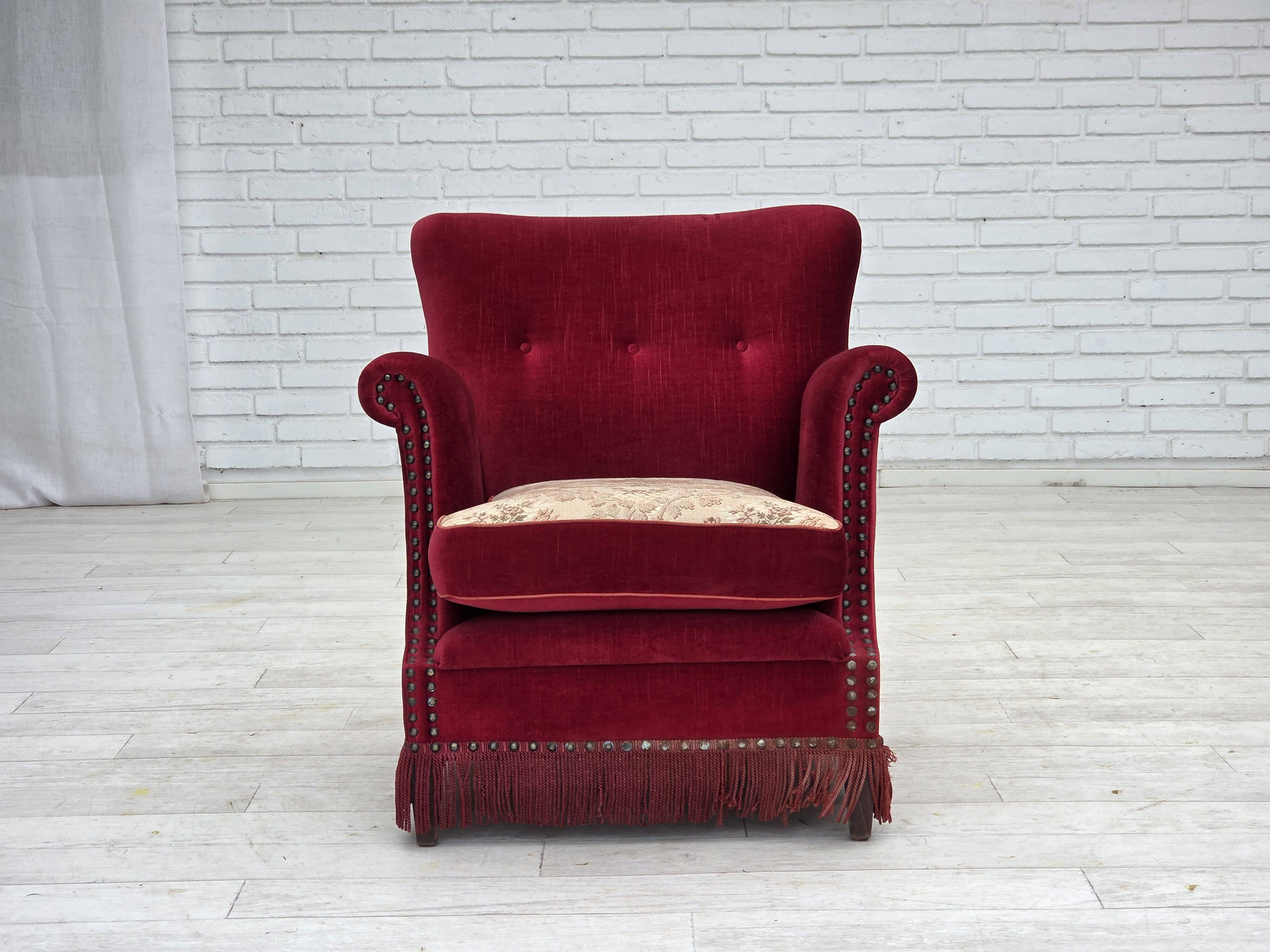 1970s, Danish armchair, red furniture velour, ash wood.