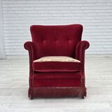 1970s, Danish armchair, red furniture velour, ash wood.