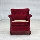Fauteuil danois des années 1970, velours rouge, bois d'orme.