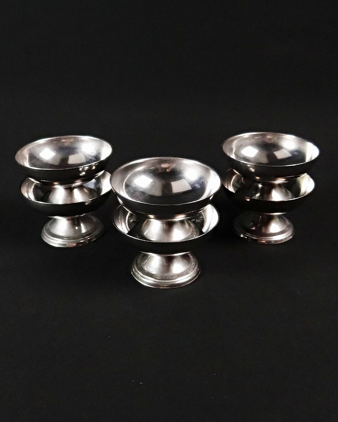 6 stainless steel ice cream cups on a stand, vintage dessert service