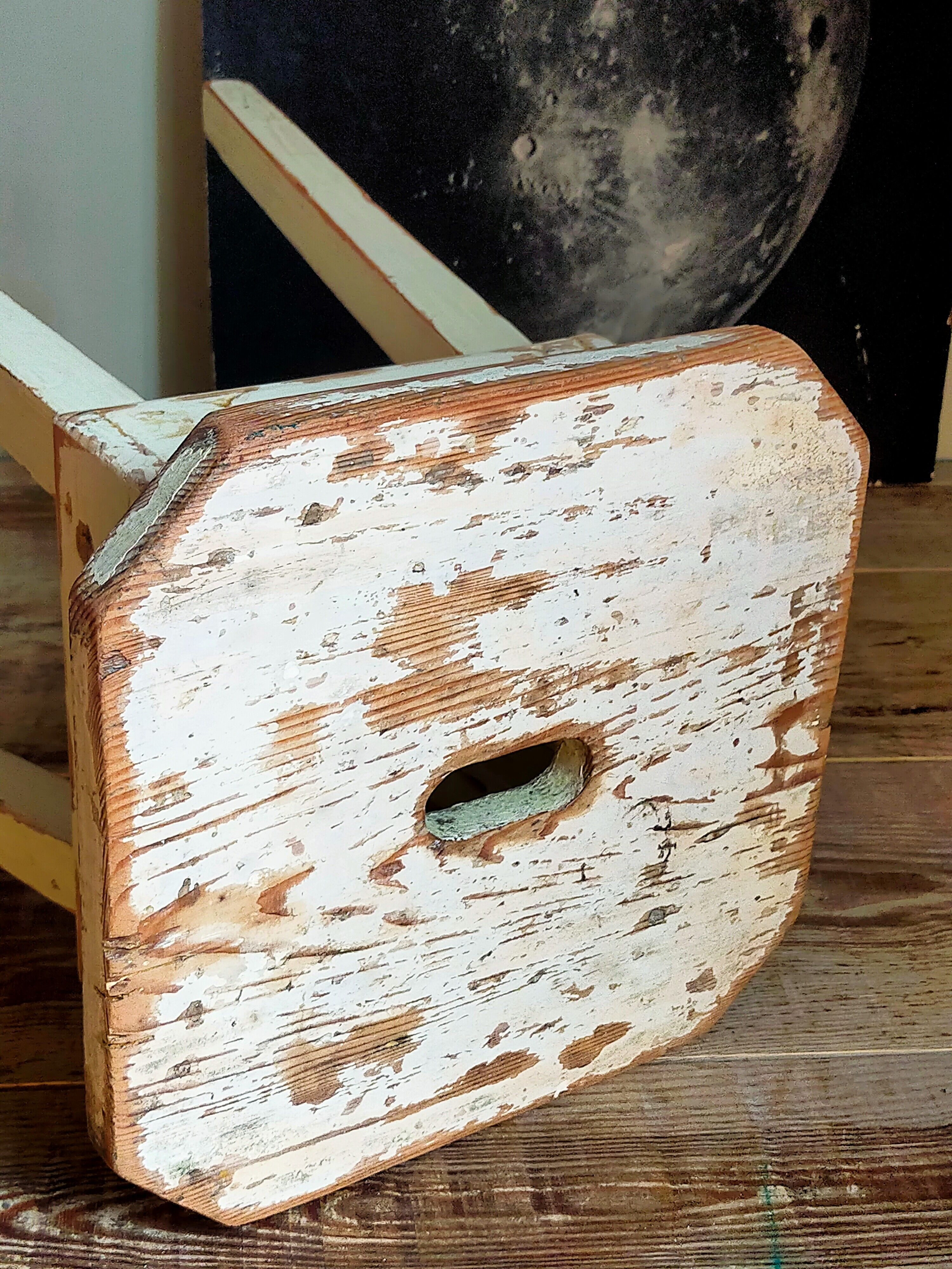 Workshop stool in antique patinated solid wood