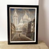 Oil on panel representing Montmartre and the Sacré Coeur, painting of a vintage view of Paris
