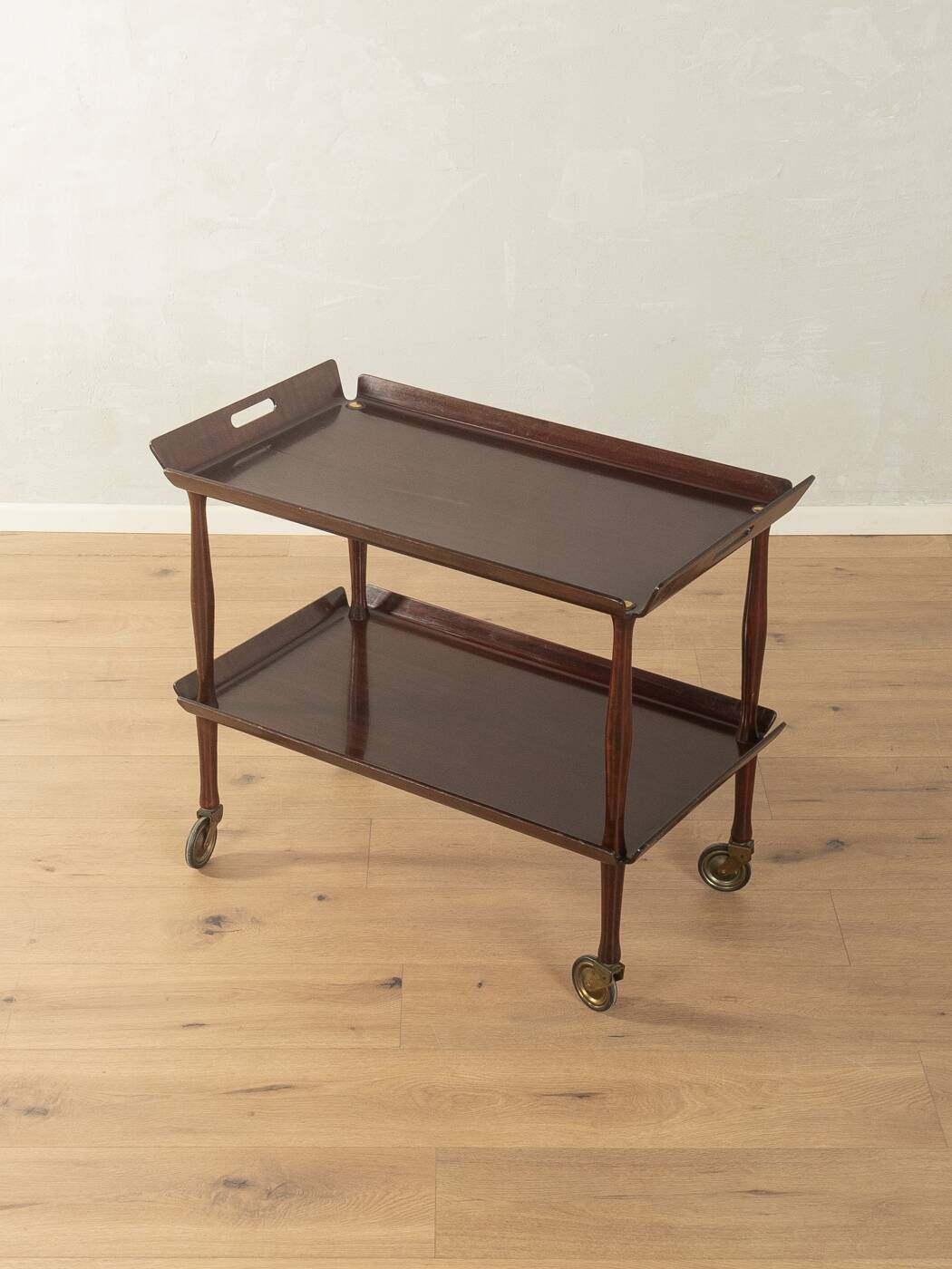 Classic serving trolley from the 1960s, solid Macoré frame with two Macoré veneer shelves and brass castors