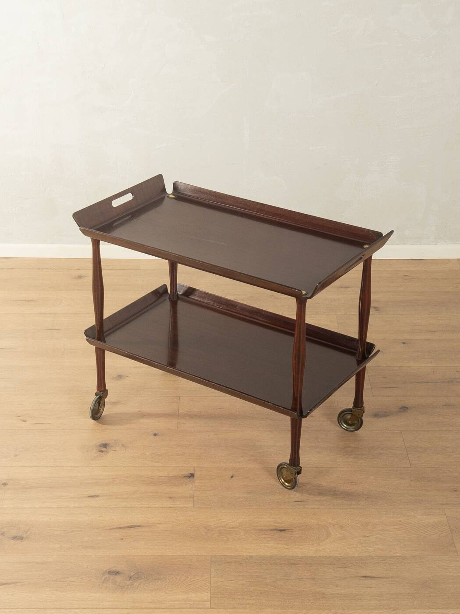 Classic serving trolley from the 1960s, solid Macoré frame with two Macoré veneer shelves and brass castors