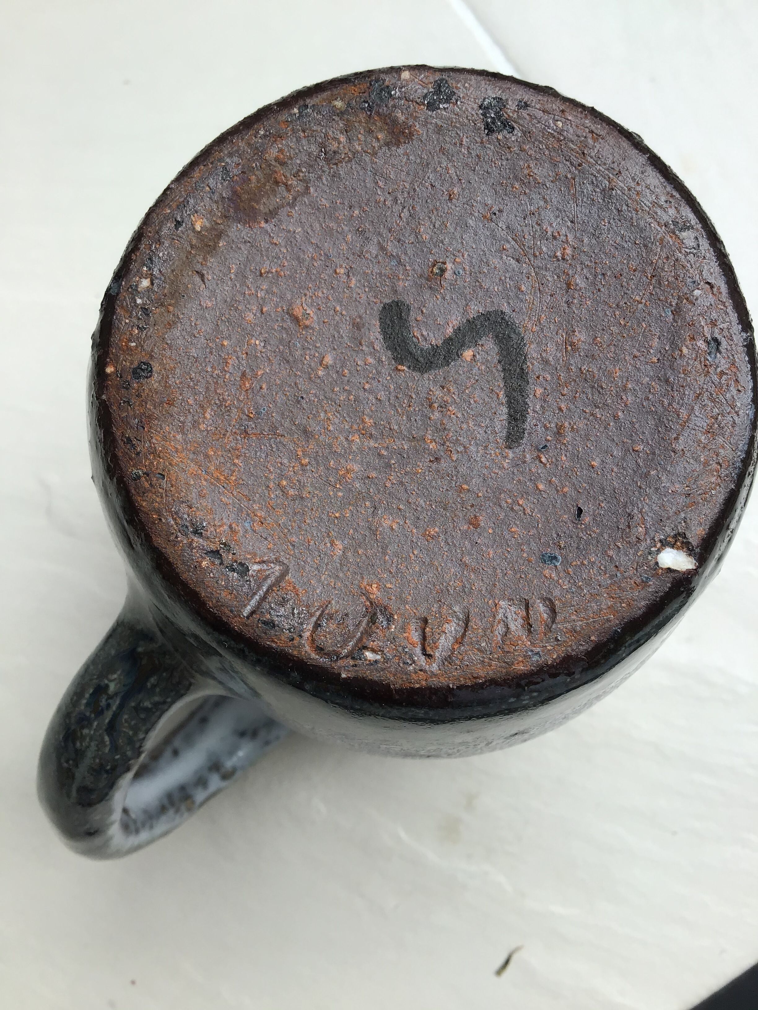 Signed grey-white artisanal stoneware cups and pot