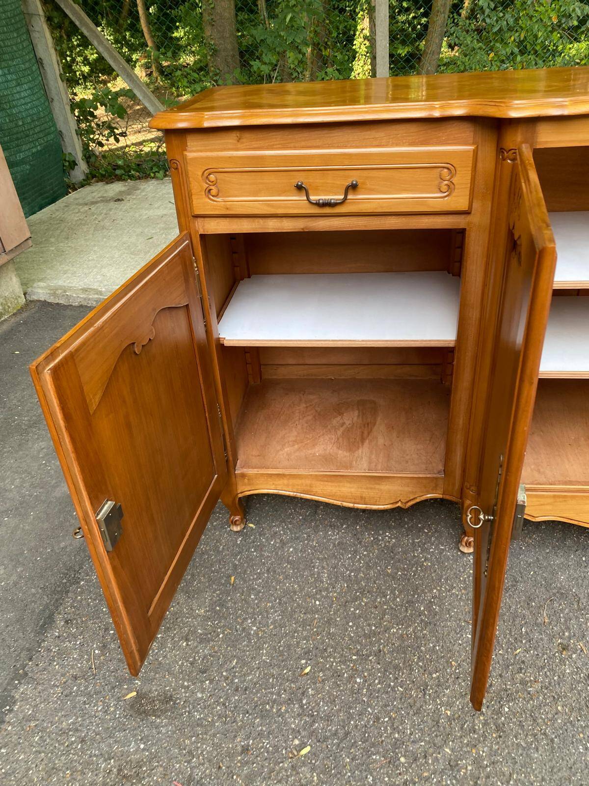 Light solid wood enfilade with Louis XV marquetry, 1950, 230cm.