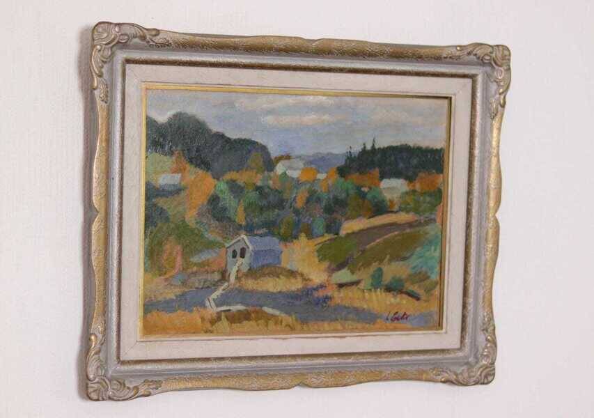 Original mid-century Swedish oil on panel – “Landscape with House” – vintage & framed – 42 × 52 cm (16.5" × 20.5")