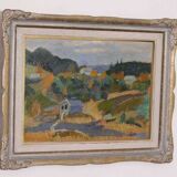 Original mid-century Swedish oil on panel – “Landscape with House” – vintage & framed – 42 × 52 cm (16.5" × 20.5")