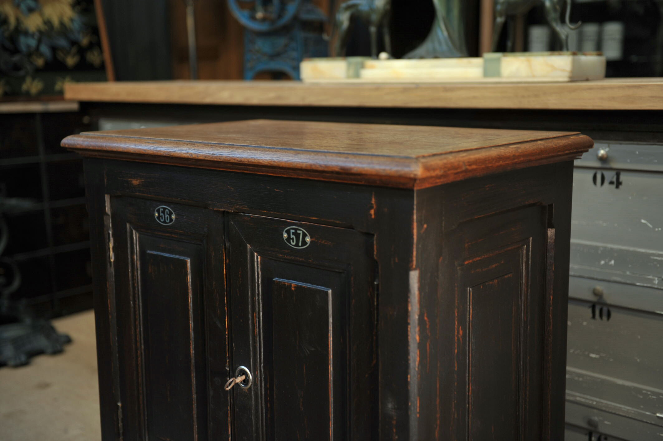 1930s Oak furniture with 2 black patinated doors.
