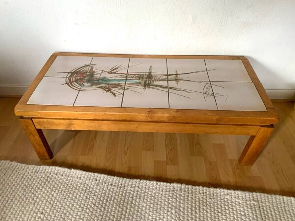 Table basse de salon vintage orme et ceramique