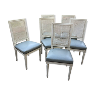 6 Louis XVI style chairs with canned back and leather seat
