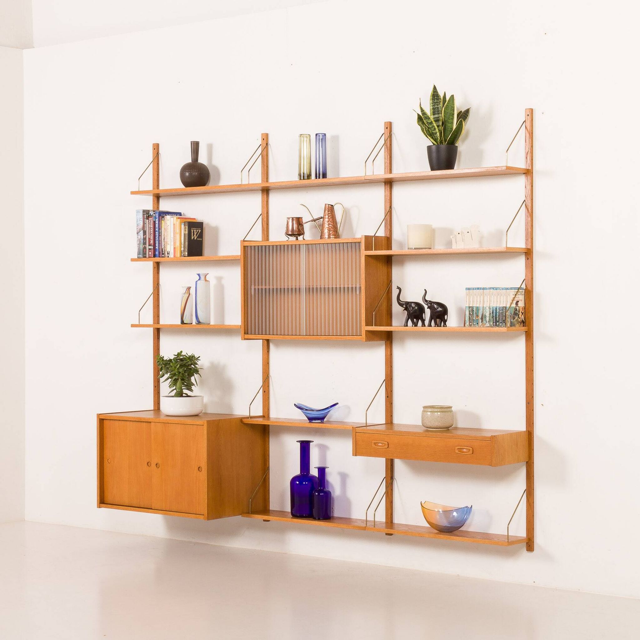 Scandinavian oak wall unit by PS System, Randers, Denmark, 1970s