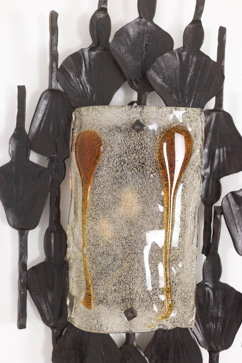 Mazzega. Pair of Brutalist wall lights in glass and iron. 1950s.