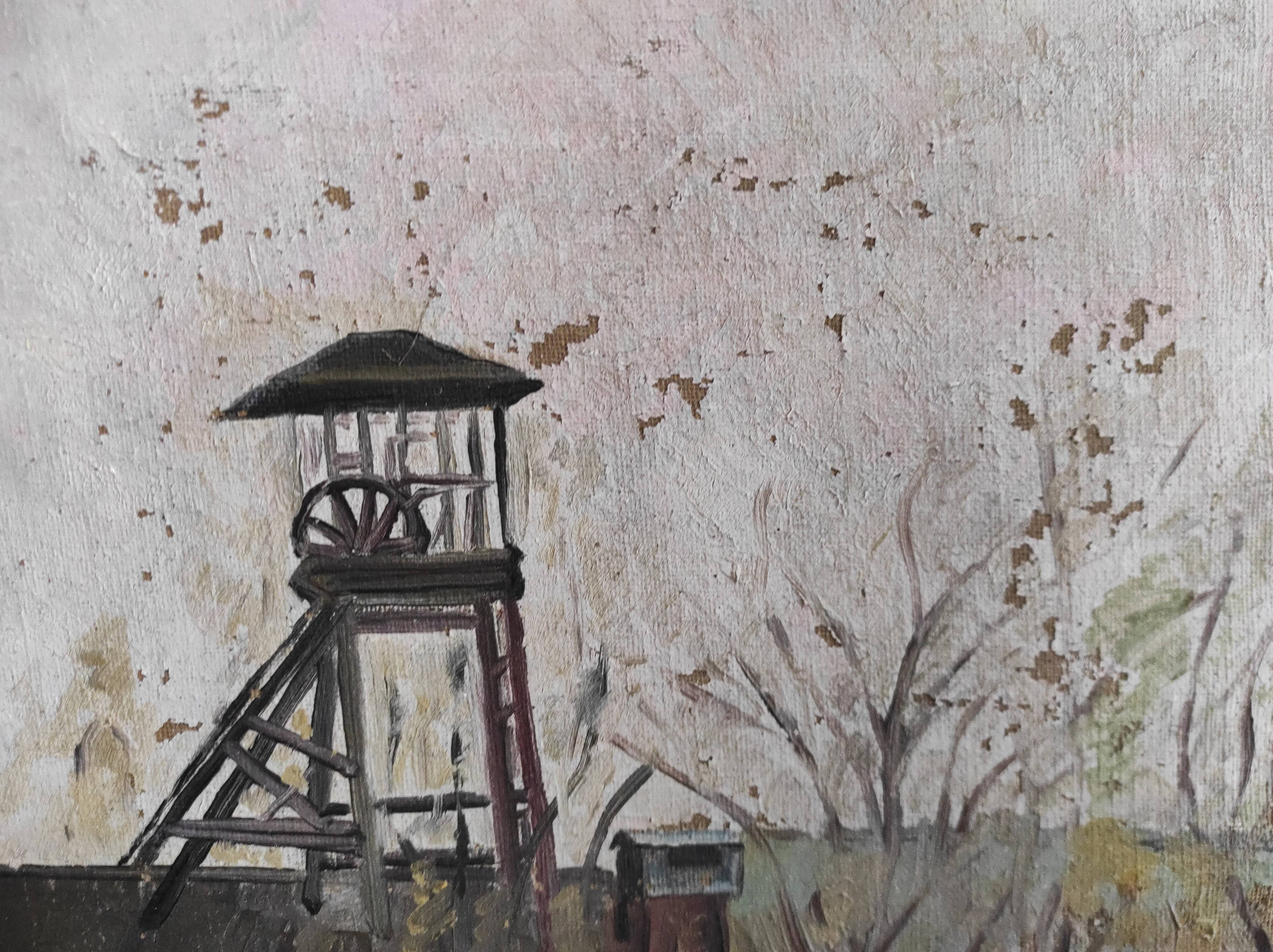 French vintage oil painting on canvas of a mine, signed M. L. Bertin Eustache