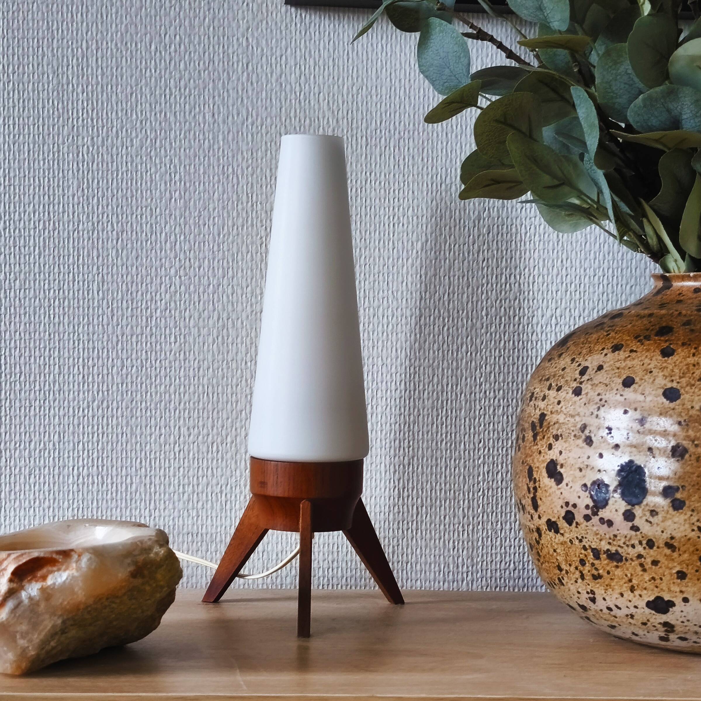Rocket lamp, teak and opaline, 1950s