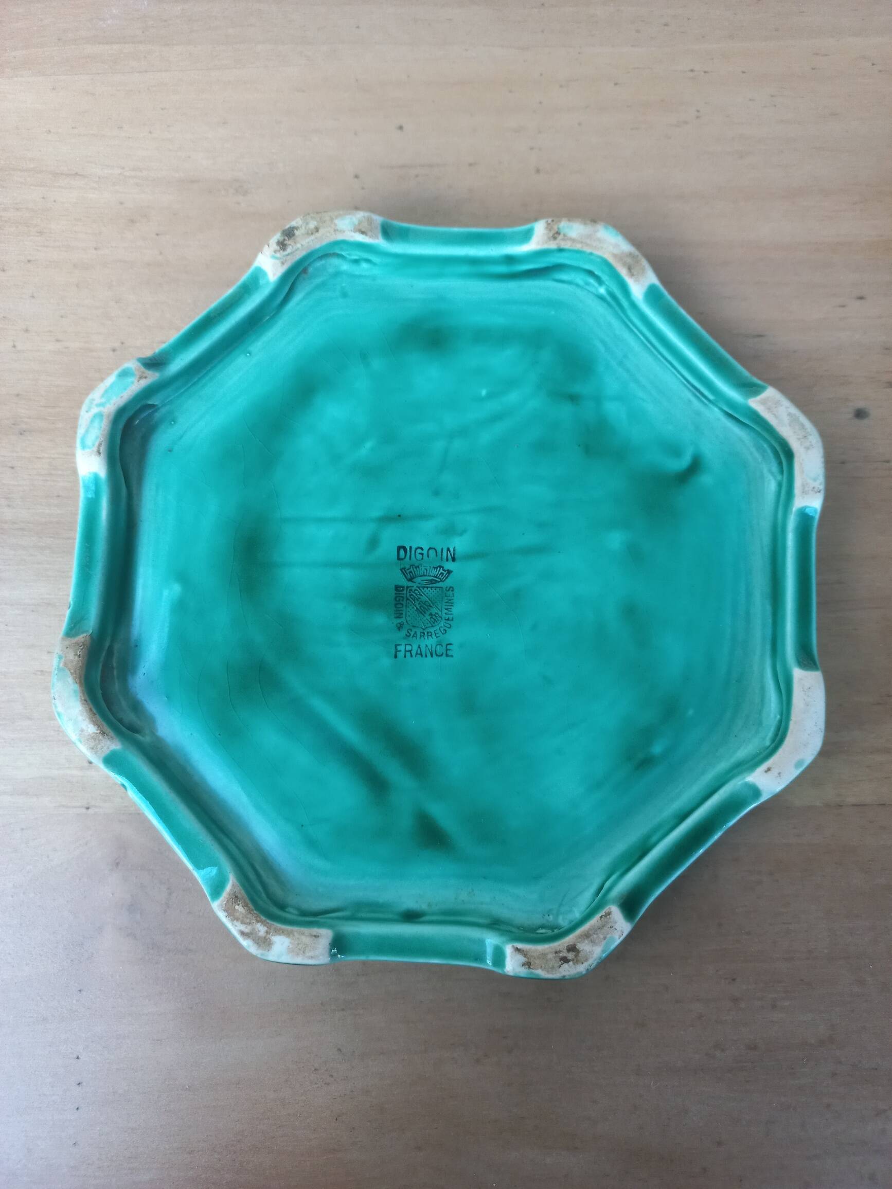 Pair of Digoin Sarreguemines barbotine bottle coasters