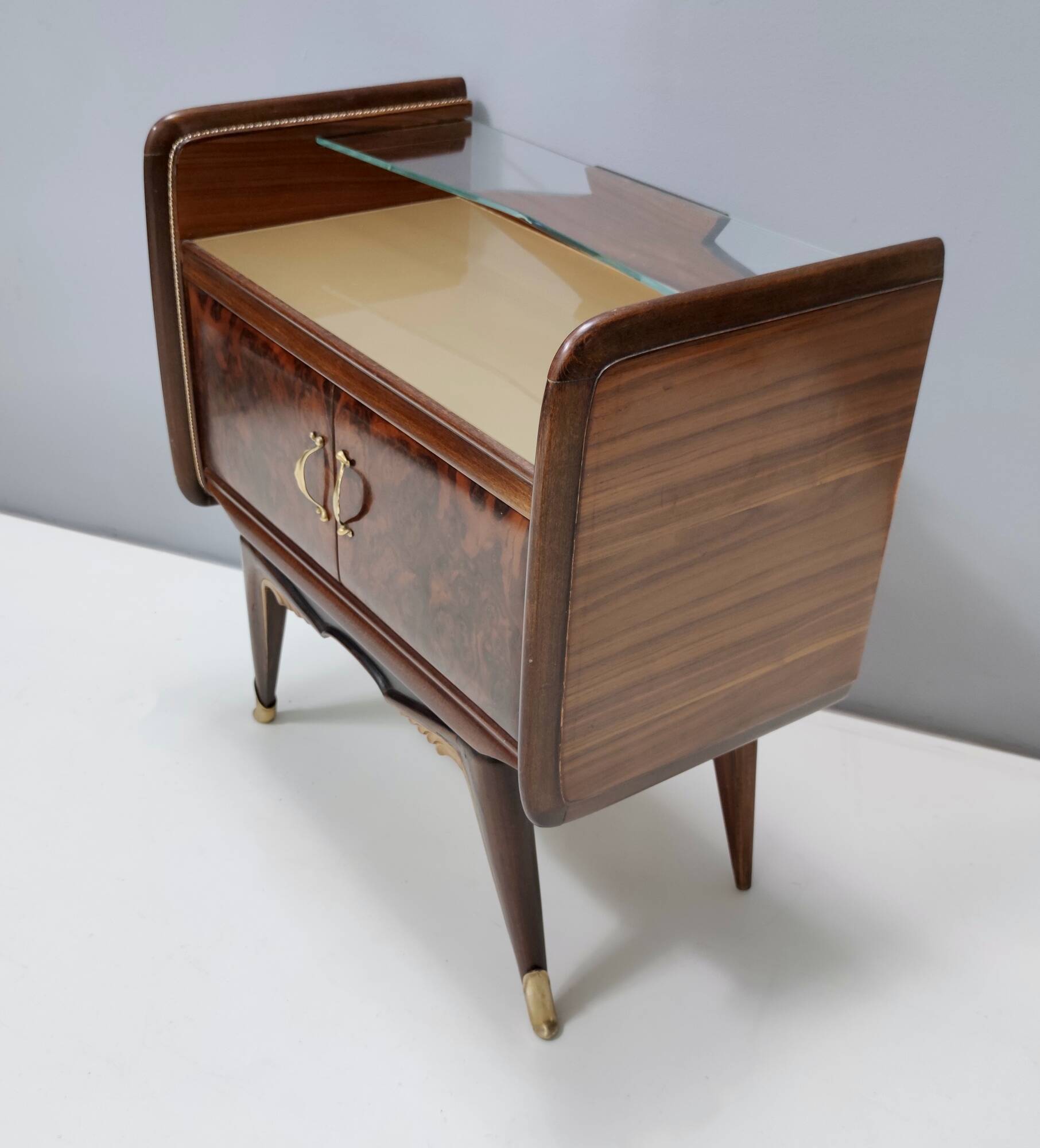Pair of Walnut Nightstands with Golden Back-Painted Glass Top, Italy