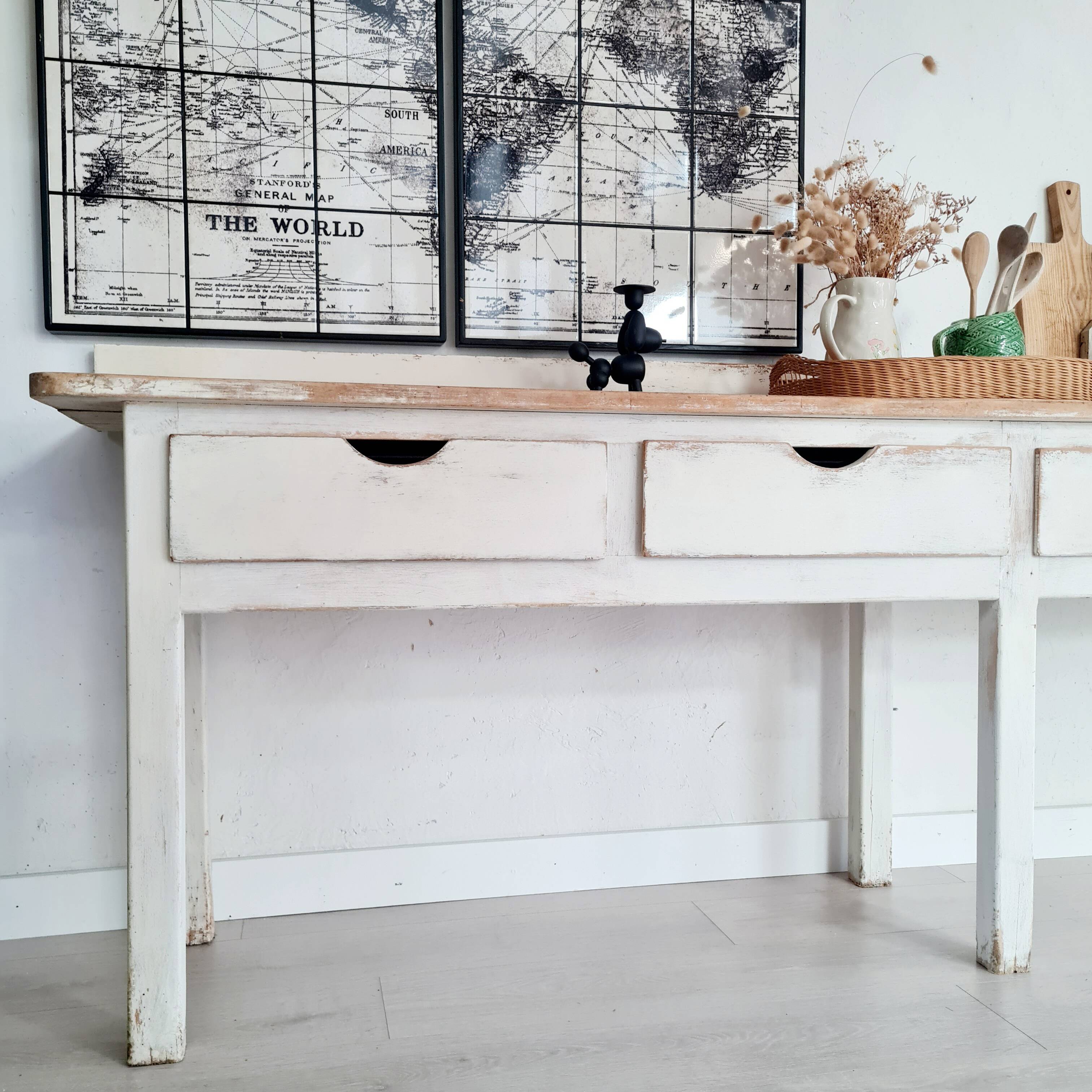 Antique counter, wooden work table.