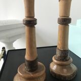 Pair of old candlesticks or candlesticks in raw bark wood, Jura craftsmanship