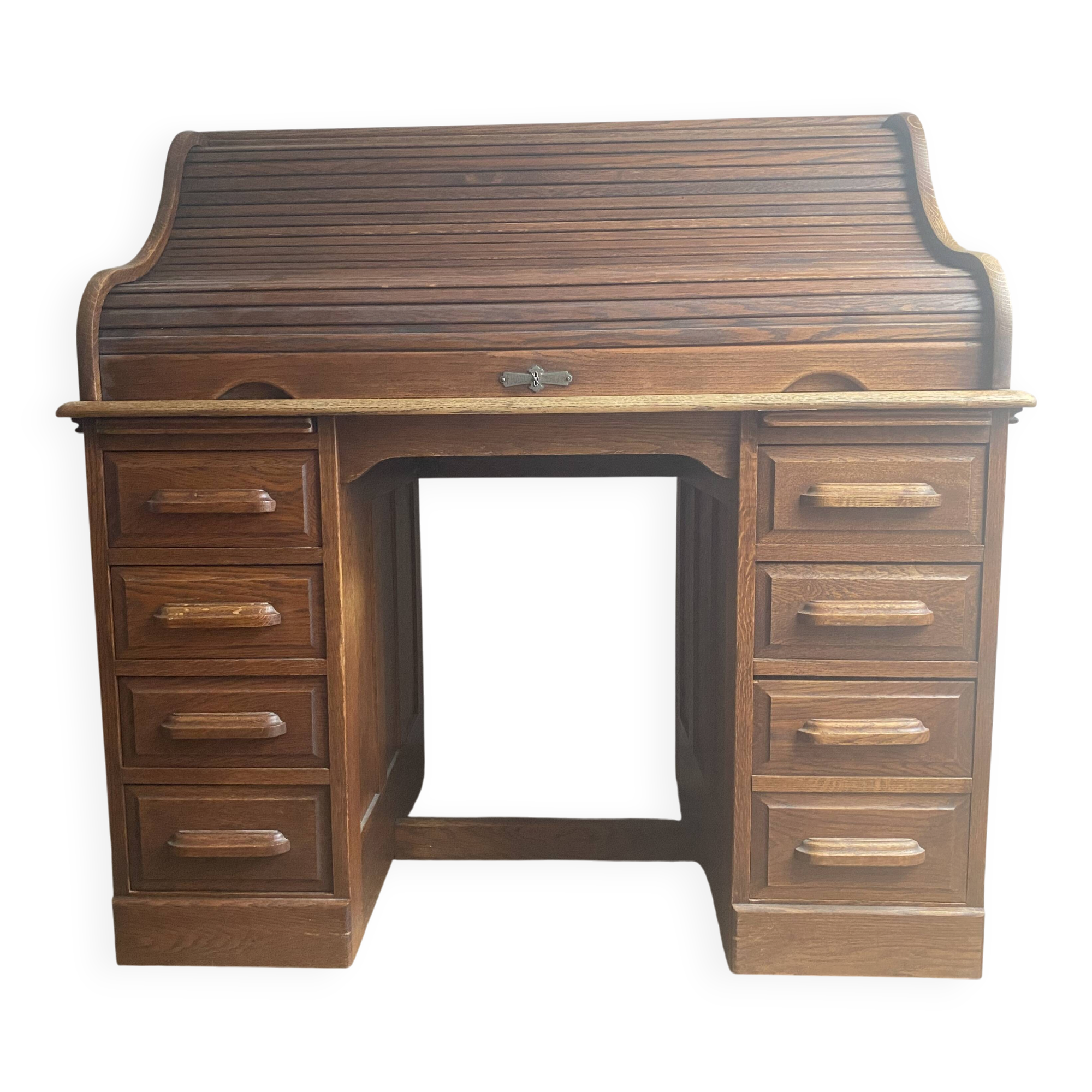 American roll-top desk in solid oak, also known as "Roll desk top".