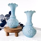 Pair of blue opaline vases from Vallérysthal Portieux decorated with roses