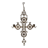 Arts & Crafts brass cross hanging candle holder | 1920s