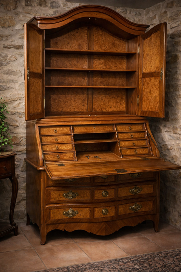 Secrétaire scriban en placage de ronce – travail ancien