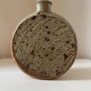 Vintage round, flat-bottomed stoneware bud vase