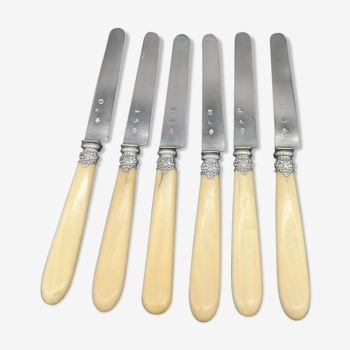 Série de 6 couteaux à fruits lame argent poinçon Vieillard manche os