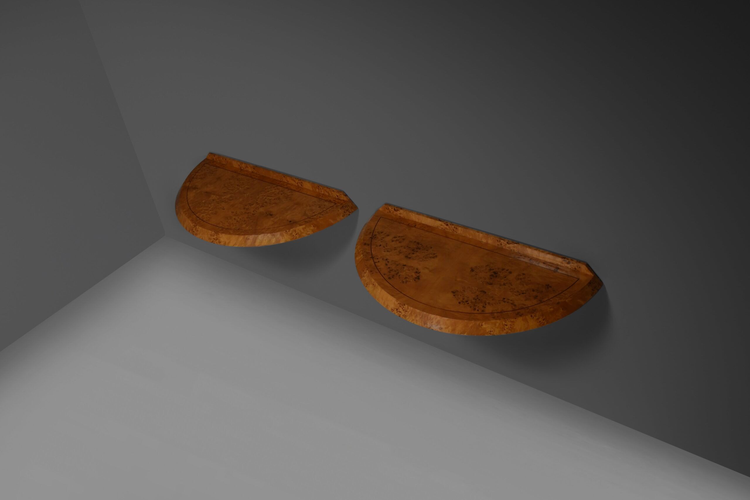 Elegant pair of Art Deco consoles in burl wood