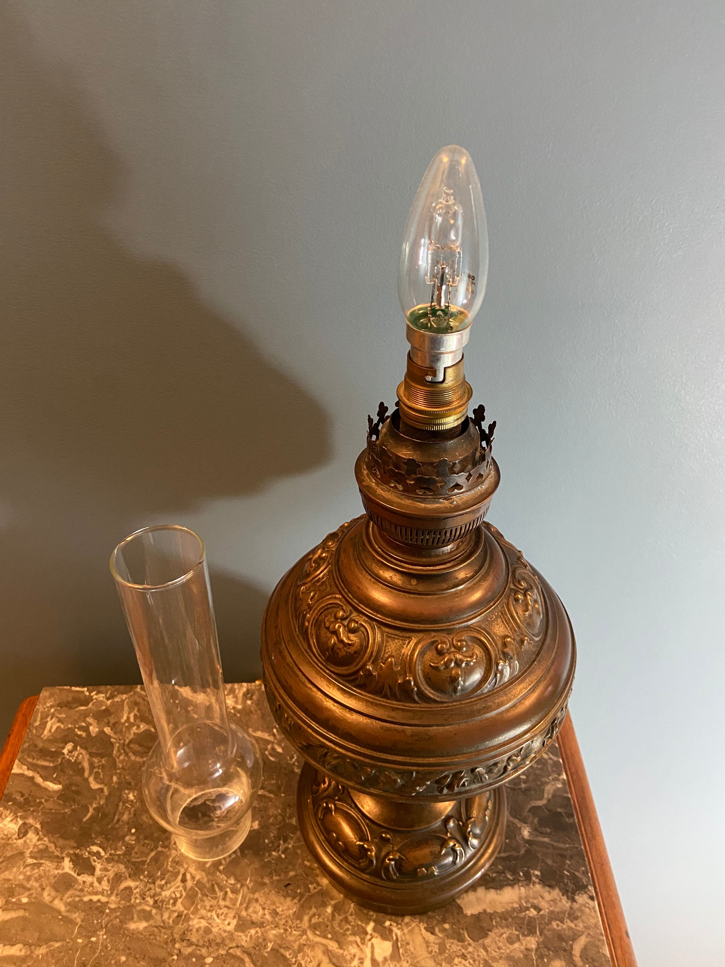 Nineteenth electrified brass kerosene lamp