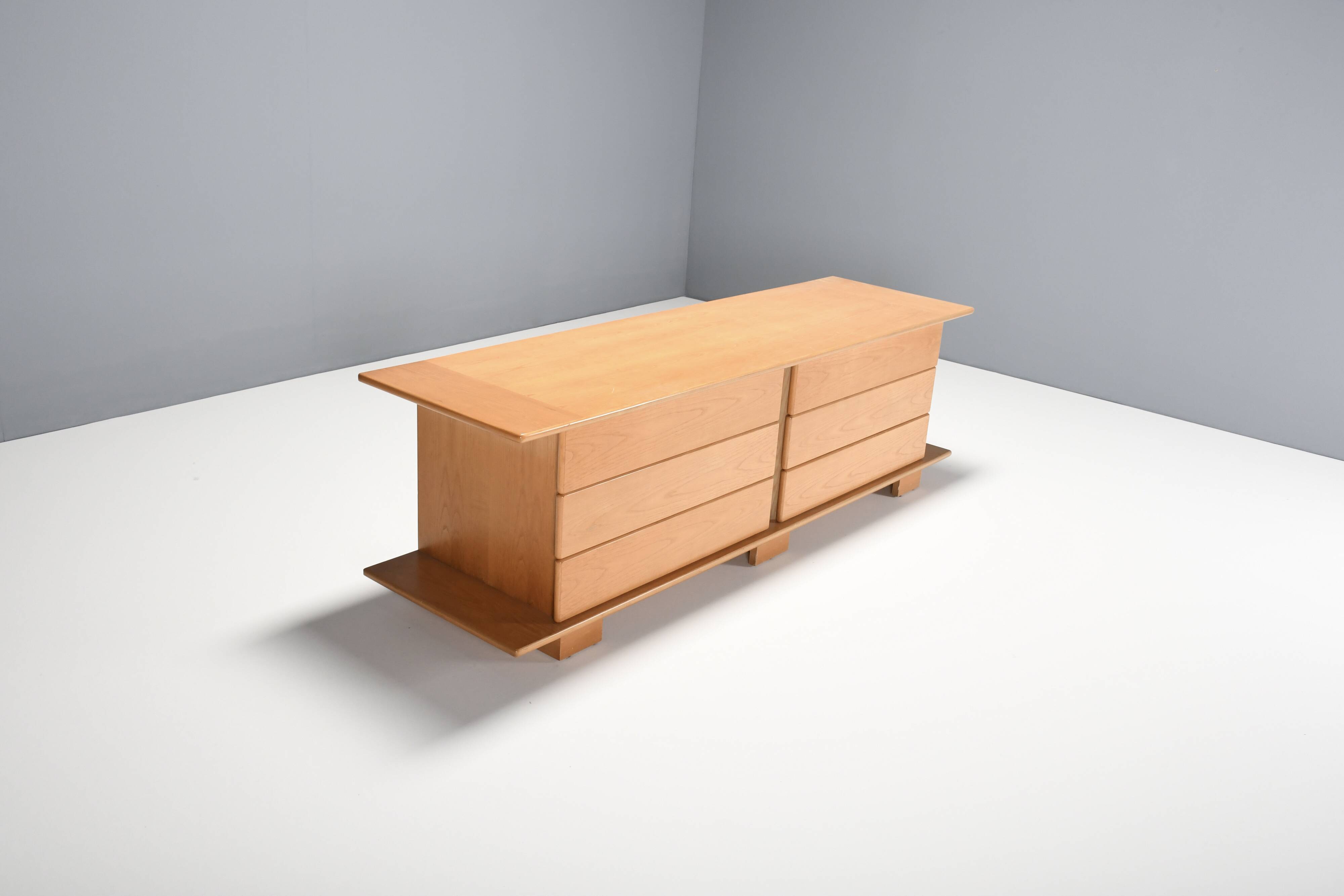 1970s Italian Sideboard in Beech Veneer with Six Drawers