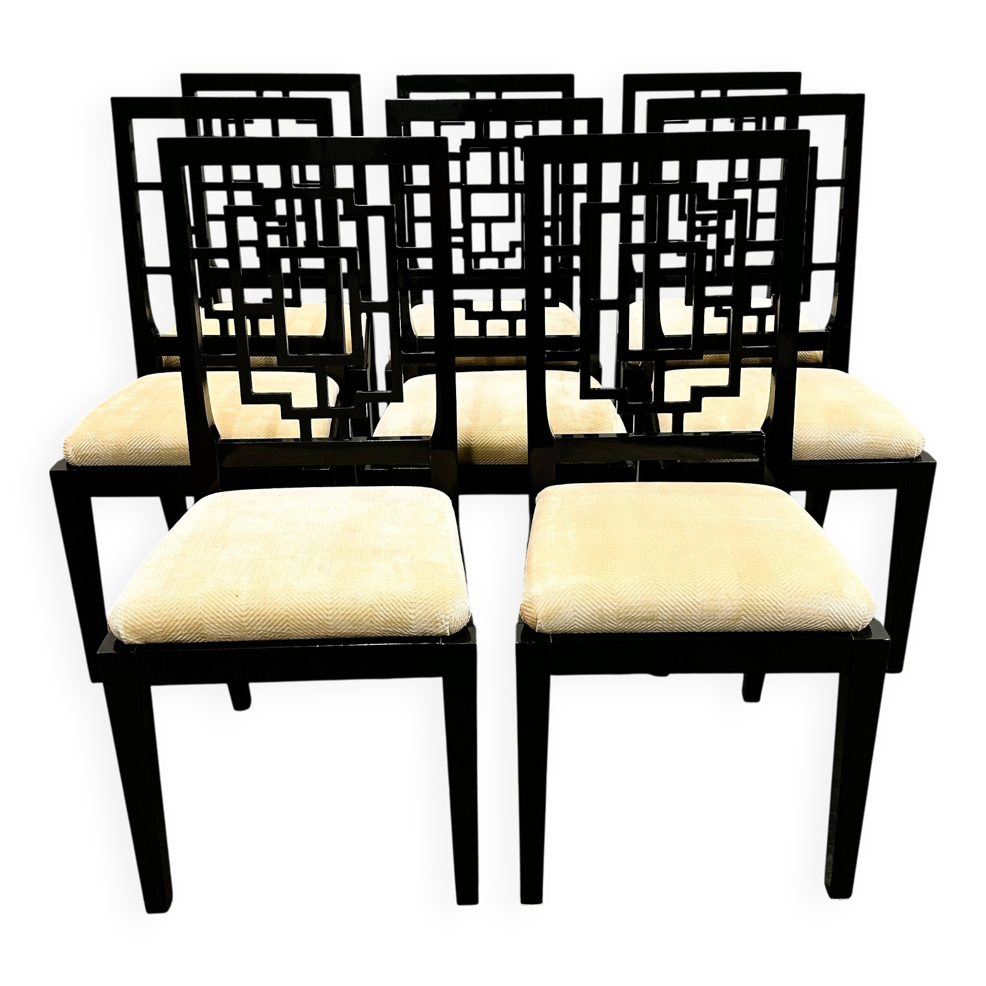 Set of 8 Jean Claude Mahey black lacquered dining chairs for Roche Bobois,