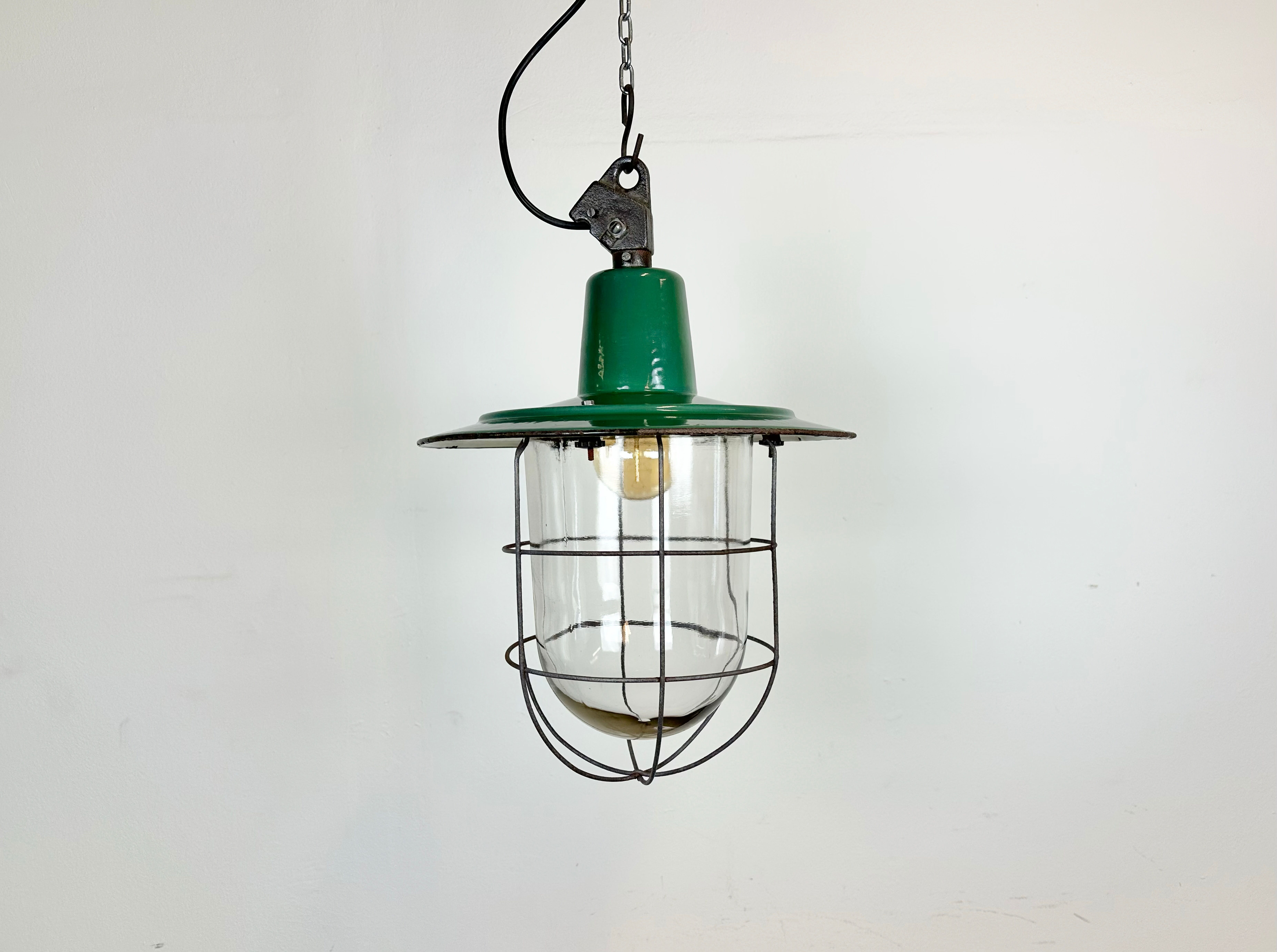 Green Enamel and Cast Iron Industrial Cage Pendant Light, 1960s